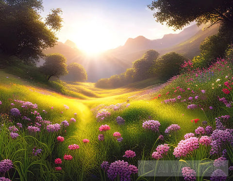 Flowers In A Sunlit Valley Landscape Ai Art