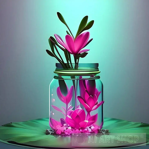 Flowers Inside A Jar On Top Of Lilly Pad Nature Ai Art