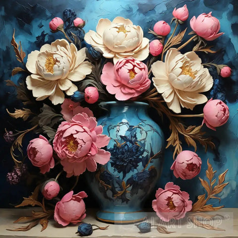 Flowers With Pink Peonies And Blue Ai Artwork