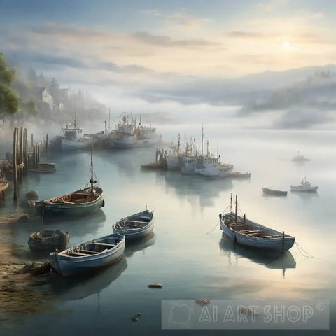 Foggy Morning Port. Fishing Boats Are Moored Ai Artwork