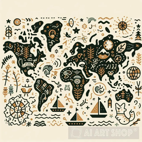 Folk Theme World Map Abstract Ai Art