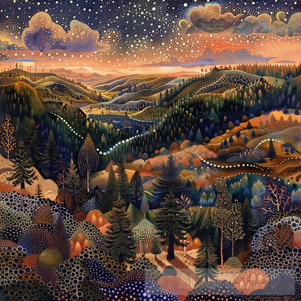 Forested Mountain Range at Sunset - Pointillism Masterpiece