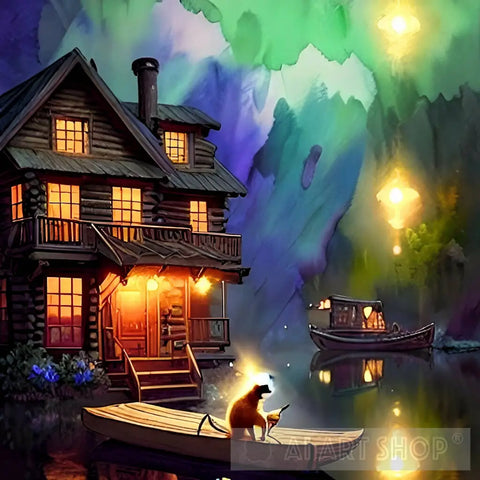 Fox Infront Of A House Besides Lake Landscape Ai Art