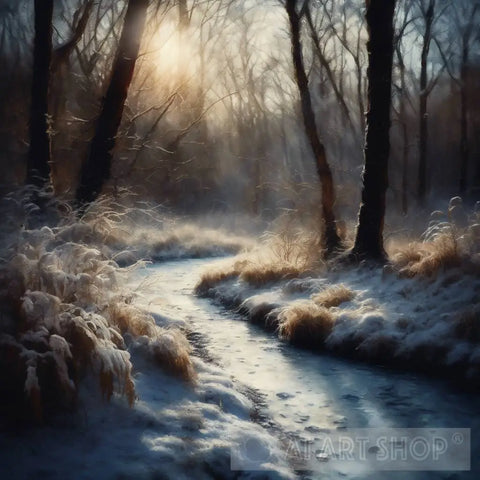 Frozen Winter Woodland Stream Landscape Ai Art