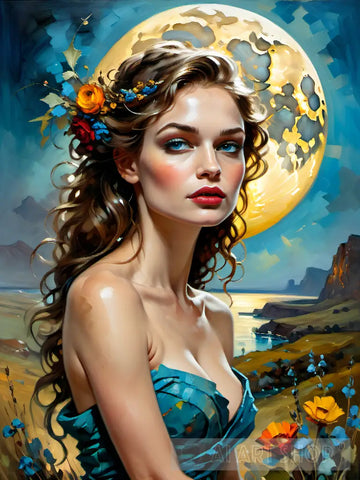 Full Moon Portrait With Flowers Ai Painting