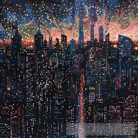 Futuristic City Skyline At Night - Pointillism Illustration Impressionism Ai Art