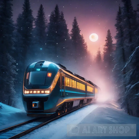 Futuristic Train In A Winter Forest Landscape Ai Art