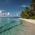 A tropical beach with crystal-clear turquoise water, white sand, and gently swaying palm trees