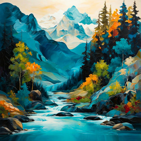 Abstract painting depicting rivers, mountains and forests in harmony