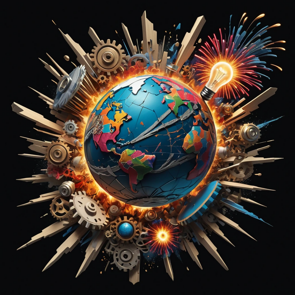 World Exploding Cool A detailed photorealistic image oworld exploding through a collage ...
