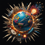 A detailed photorealistic image of the Earth explosion The planet is engulfed in a dramatic explosion. Behind it, a backdrop of stars and galaxies provides a cosmic perspective