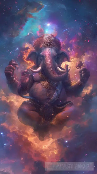 Ganesh in cosmos, space, fantasy, light, sky, blue, abstract, conce