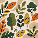 Mid-Century Modern Nature Wall Art – Abstract Trees & Leaves in Earthy Olive, Burnt Orange & Mustard