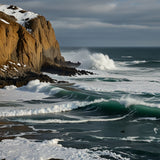 A rugged coastline with snow-covered cliffs and icy waves crashing against the shore (2)