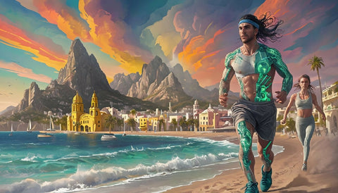 Digital Painting of Futuristic Runners on Vibrant Beach Scene