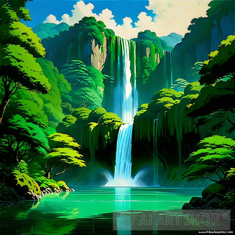 Ghibli-Esque Waterfall Amidst Nature’s Nature Ai Art