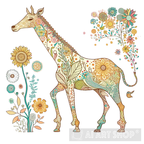 Giraffe And Flowers Animal Ai Art