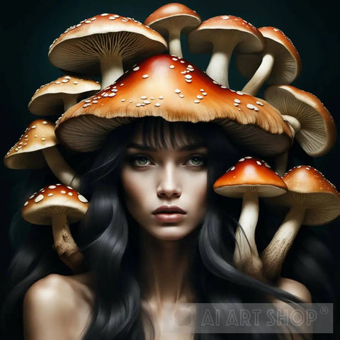 beautiful girl wearing a mushroom as a hat and the others growing f...