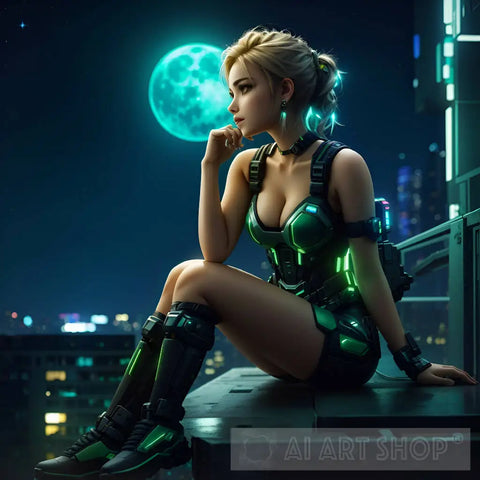 Girl On A Roof In Deep Thoughts - Cyberpunk Style Ai Artwork