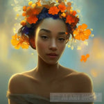 Girl With Orange And Blue Flowers In Hair Portrait Ai Art