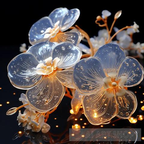 Glassy Glowing Flowers In White Blue And Gold On Black Background Ai Artwork