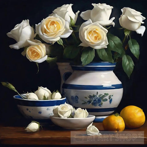 Glazed Ceramics With White Roses Still Life Ai Art