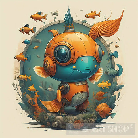 Gold Fish Bot Robot. Orange Underwater Cyber Animal Ai Art