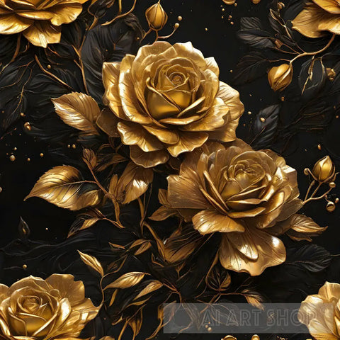 Gold Roses On Black Background Ai Artwork