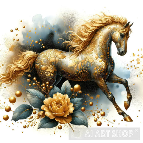 Golden Horse With Roses Animal Ai Art