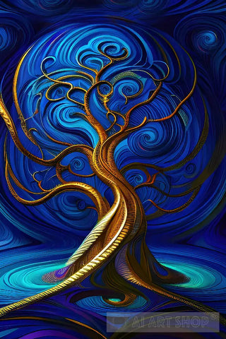 Golden Swirly Tree Nature Ai Art