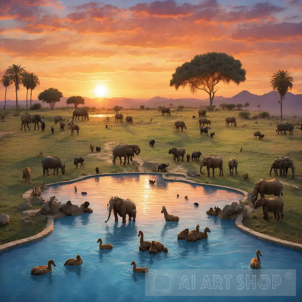 sunset, pool, water, animals, nature, beauty, tranquility, serenity