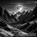 Gothic Black And White Digital Painting Of Mountains With A Full Moon Ai Artwork