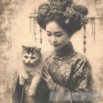 Graceful Harmony: Ai-Created Art Of A Young Chinese Beauty Embracing Tradition With Feline Friend Ai