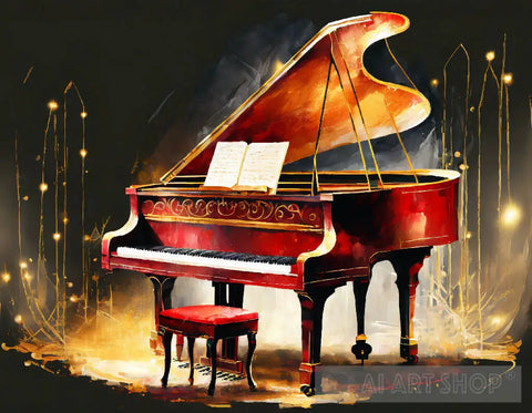 Grand Red Piano With Glowing Lights Ai Artwork