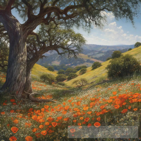 Grandfather Oak And Poppies Landscape Ai Art