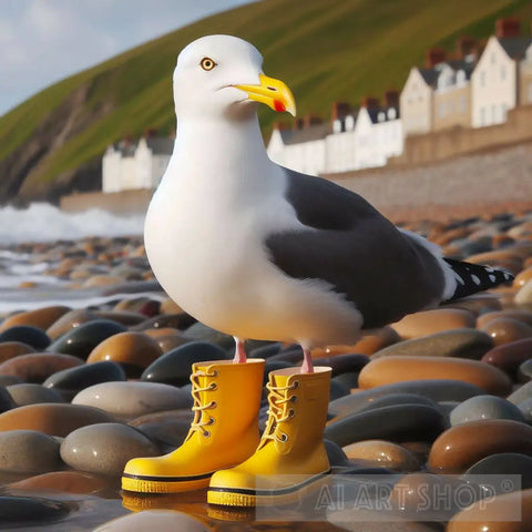 Great Black Backed Gull Wearing Yellow Wellies On Rocky Shoreline Ai Artwork