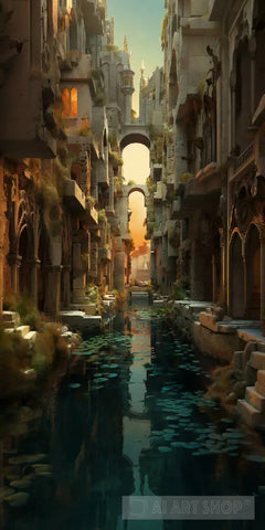 Green Scene A Canal Is Shown Flowing Through City Architecture Ai Art