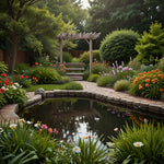 A peaceful garden with blooming flowers, a small pond, and a wooden bench (2)