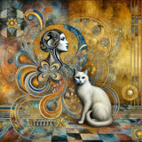 DALL·E 2024-12-04 18.36.01 - A surreal artistic depiction of a woman and a cat in a style inspired by Joan Miró and Gustav Klimt. The composition blends the abstract, dreamlike fo