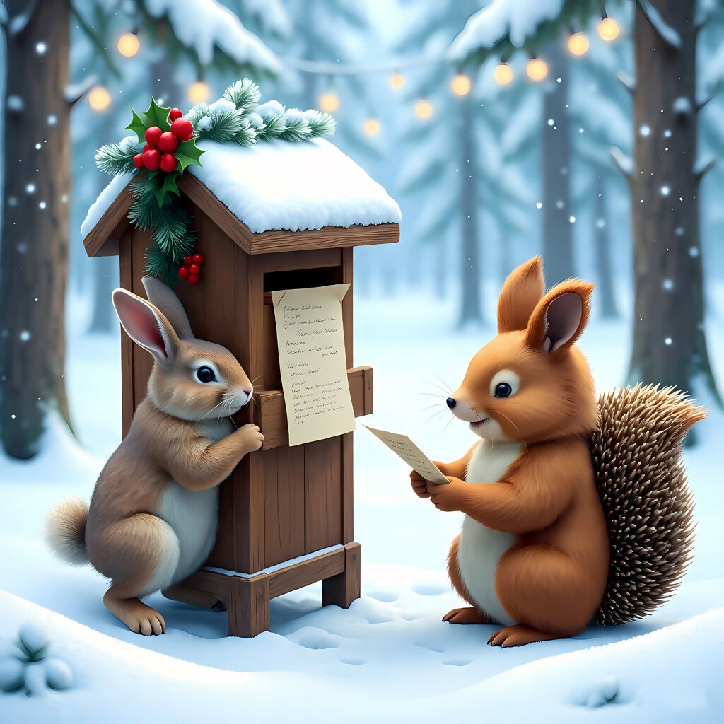 Rabbit & Squirrel Winter Forest Art | Whimsical Animal AI Painting