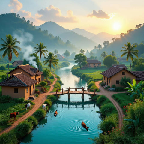 Golden Countryside River & Hills Dreamscape Wallpaper