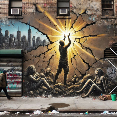 struggles on the streets of NY city with hope shining thru the cracked graffiti on the walls