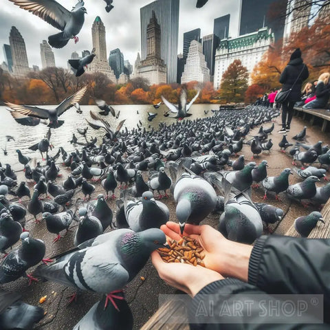 Hand Feeding The Pigeon Horde In Central Park Nyc Ai Artwork