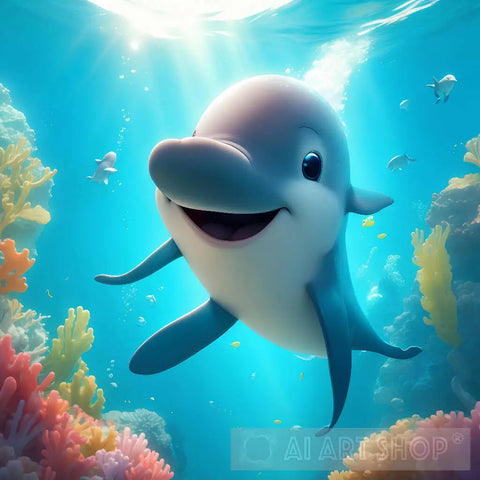 Happy Cute Dolphin Cartoon Character In Pixar Style The Universe Background Sea Animal Ai Art