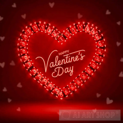 Happy Valentines Day With A Heart Symbol From Led String Lights And Valentine Elements On Red