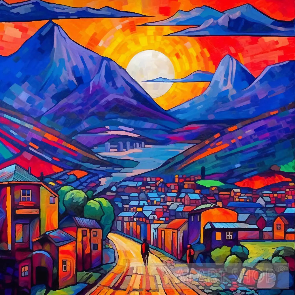 Abstract art,Landscape painting,Houses,Mountains,Geometric patterns...