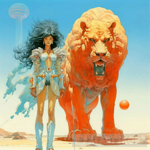 Heterodimension-Female Warrior With Her Lion Surrealism Ai Art