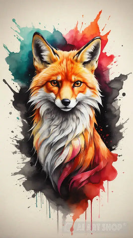 High Quality Logo Style Watercolor Powerful Colorful Fox Face Facing Forward Monochrome Background