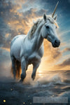 Highly Detailed Shot Of An Oil Painting Two Animals: One Horse And Unicorn On The White Clouds Blue