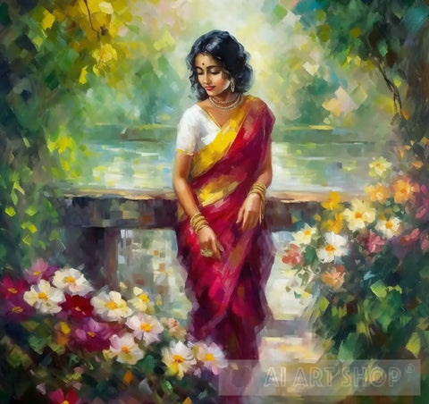 Hindu Woman With Flowers Impressionism Ai Art